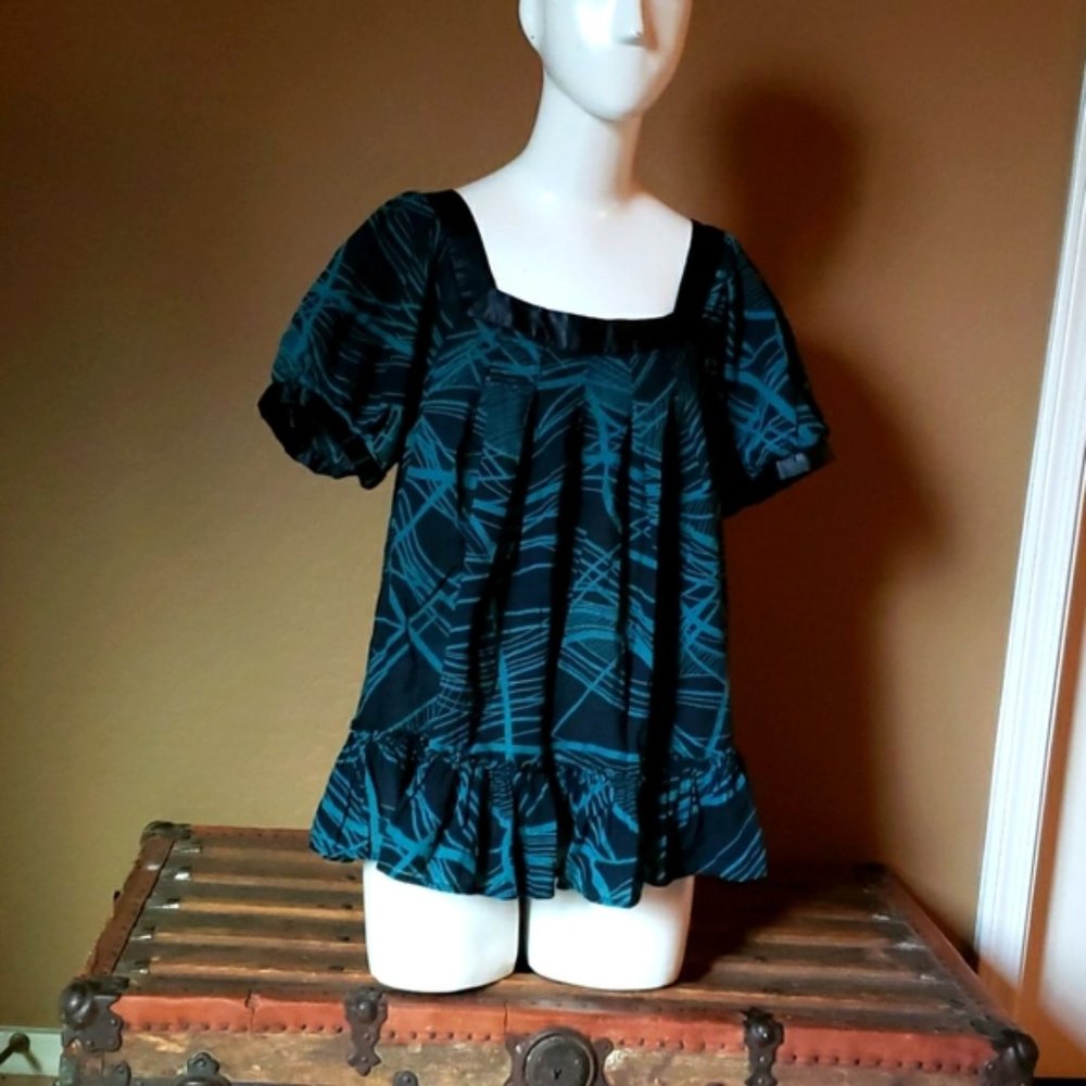 Black and blue cotton peplum blouse